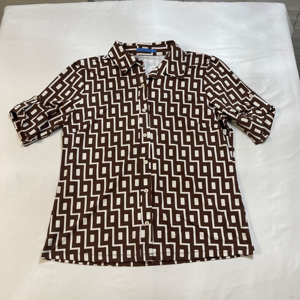 JMclaughlin Womens Large Brown White Geometric Button Down Shirt Roll Tab Sleeve